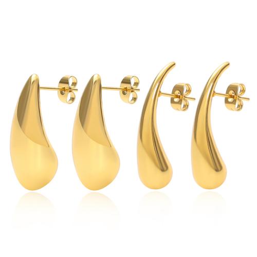 304 Stainless Steel Stud Earring, Teardrop, gold color plated, different size for choice & for woman, Sold By Pair