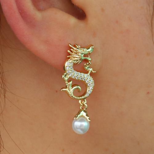 Cubic Zirconia Micro Pave Brass Earring, with Plastic Pearl, gold color plated, micro pave cubic zirconia & for woman, 13x32mm, Sold By Pair