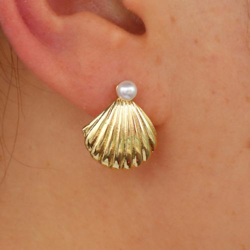 Brass Stud Earring, with Plastic Pearl, Shell, gold color plated, for woman, 15x18mm, Sold By Pair
