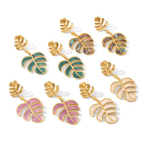 304 Stainless Steel Drop Earring, Leaf, gold color plated, for woman & enamel, more colors for choice, 34x69.20mm, Sold By Pair