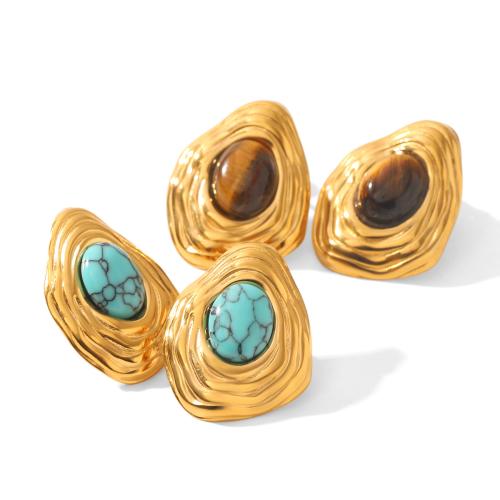 304 Stainless Steel Stud Earring, with turquoise & Tiger Eye, gold color plated, vintage & for woman, more colors for choice, 19x24.20mm, Sold By Pair