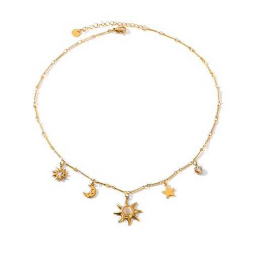 304 Stainless Steel Necklace, with Moonstone, with 5cm extender chain, Moon and Star, gold color plated, for woman & with rhinestone, Length:Approx 40 cm, Sold By PC