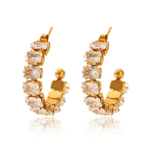 304 Stainless Steel Stud Earring, Letter C, gold color plated, micro pave cubic zirconia & for woman, 6.80x28.50mm, Sold By Pair