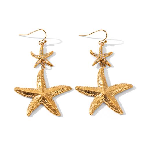 304 Stainless Steel Drop Earring, Starfish, gold color plated, for woman & with rhinestone, 36.80x66.20mm, Sold By Pair