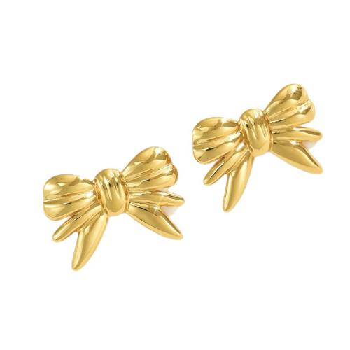 304 Stainless Steel Stud Earring, Bowknot, gold color plated, fashion jewelry & for woman, 24.70x17.50mm, Sold By Pair