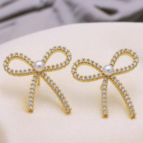 Befestiger Zirkonia Messing Ohrring, mit Kunststoff Perlen, Schleife, goldfarben plattiert, Micro pave Zirkonia & für Frau, 25x27mm, verkauft von Paar