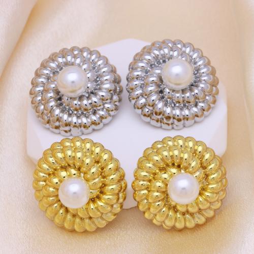 Brass Stud Earring, with Plastic Pearl, plated, for woman, more colors for choice, 30mm, Sold By Pair