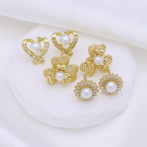 Cubic Zirconia Micro Pave Brass Earring, with Plastic Pearl, gold color plated, different styles for choice & for woman & with cubic zirconia, more colors for choice, Sold By Pair