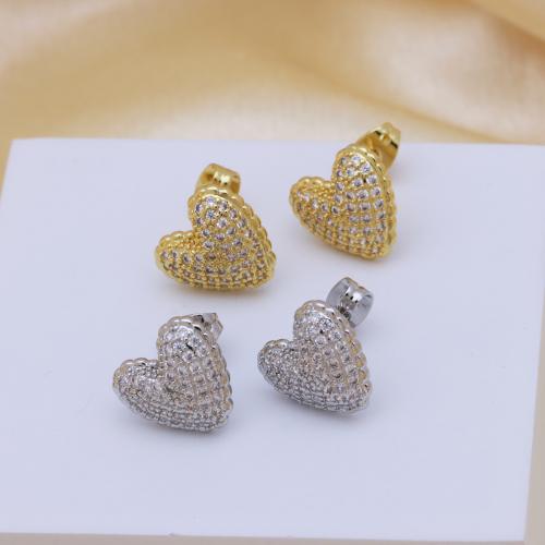 Cubic Zirconia Micro Pave Brass Earring, Heart, gold color plated, micro pave cubic zirconia & for woman, more colors for choice, 13x12mm, Sold By Pair