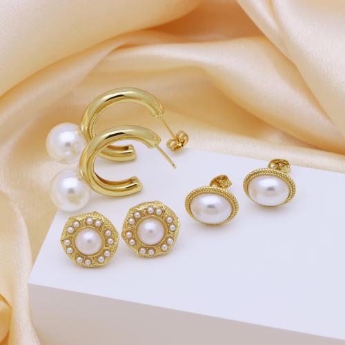 Brass Stud Earring, with Plastic Pearl, gold color plated, different styles for choice & for woman, more colors for choice, Sold By Pair