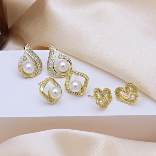 Cubic Zirconia Micro Pave Brass Earring, with Plastic Pearl, gold color plated, different styles for choice & micro pave cubic zirconia & for woman, more colors for choice, Sold By Pair