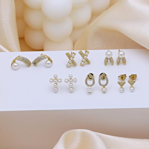 Cubic Zirconia Micro Pave Brass Earring, with Plastic Pearl, gold color plated, different styles for choice & micro pave cubic zirconia & for woman, more colors for choice, Sold By Pair