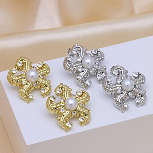 Cubic Zirconia Micro Pave Brass Earring, with Plastic Pearl, plated, for woman & with cubic zirconia, more colors for choice, 27x28mm, Sold By Pair