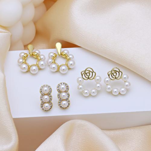 Brass Drop Earring, with Plastic Pearl, gold color plated, different styles for choice & micro pave cubic zirconia & for woman, more colors for choice, Sold By Pair