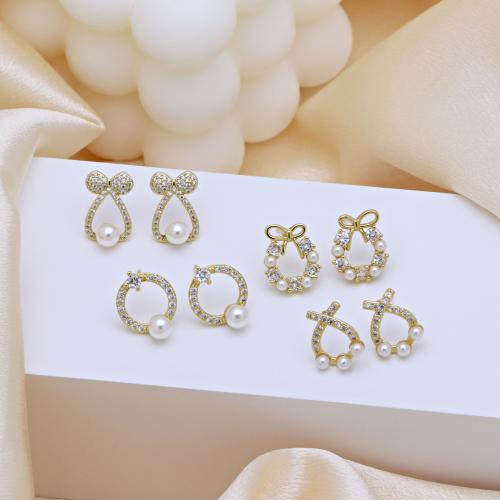 Cubic Zirconia Micro Pave Brass Earring, with Plastic Pearl, gold color plated, different styles for choice & micro pave cubic zirconia & for woman, more colors for choice, Sold By Pair