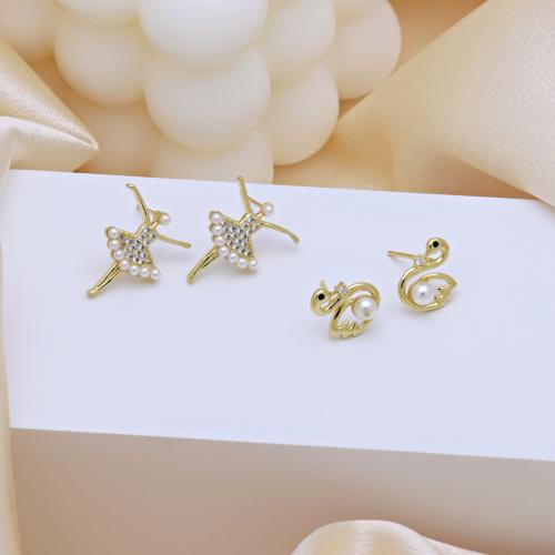 Cubic Zirconia Micro Pave Brass Earring, with Plastic Pearl, gold color plated, different styles for choice & micro pave cubic zirconia & for woman, more colors for choice, Sold By Pair