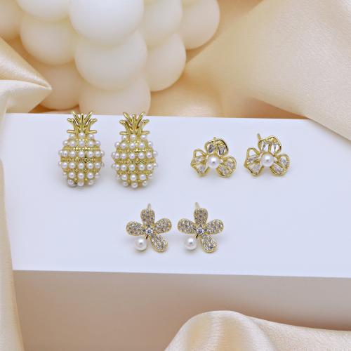Cubic Zirconia Micro Pave Brass Earring, with Plastic Pearl, gold color plated, different styles for choice & micro pave cubic zirconia & for woman, more colors for choice, Sold By Pair