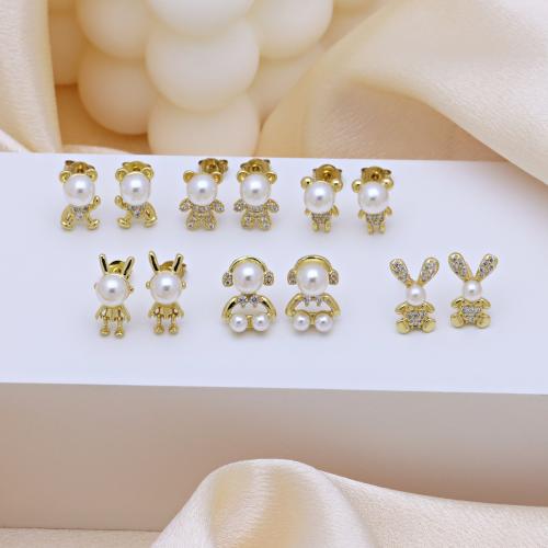 Cubic Zirconia Micro Pave Brass Earring, with Plastic Pearl, gold color plated, different styles for choice & micro pave cubic zirconia & for woman, more colors for choice, Sold By Pair