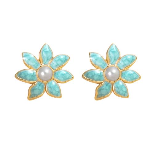 304 Stainless Steel Stud Earring, with Plastic Pearl, Flower, gold color plated, for woman & enamel, more colors for choice, 25mm, Sold By Pair