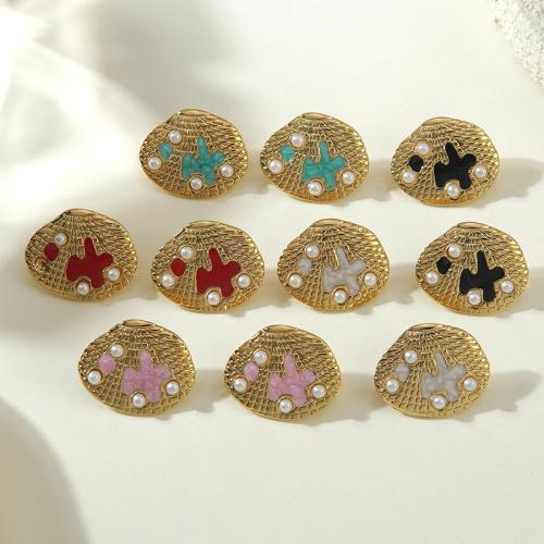 Stainless Steel Stud Earrings, 304 Stainless Steel, with Plastic Pearl, Shell, gold color plated, for woman & enamel, more colors for choice, 19.70x15.10mm, Sold By Pair