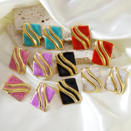 Stainless Steel Stud Earrings, 304 Stainless Steel, Rectangle, gold color plated, for woman & enamel, more colors for choice, 23.30x31.30mm, Sold By Pair