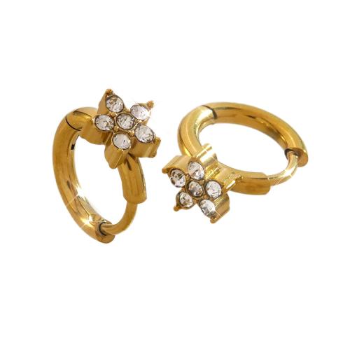 304 Stainless Steel Huggie Hoop Earring, Flower, gold color plated, micro pave cubic zirconia & for woman, Sold By Pair