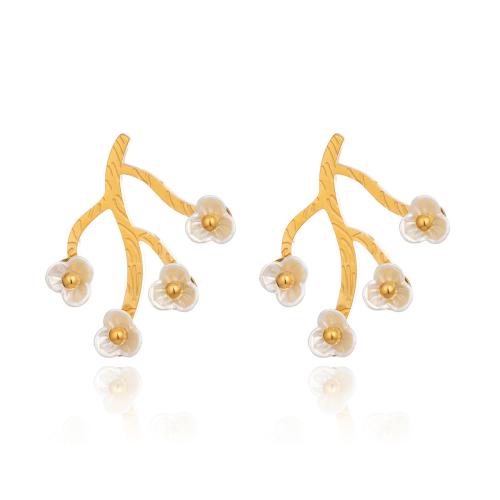 304 Stainless Steel Stud Earring, with Resin Shell, Flower, gold color plated, fashion jewelry & for woman, 26x29mm, Sold By Pair