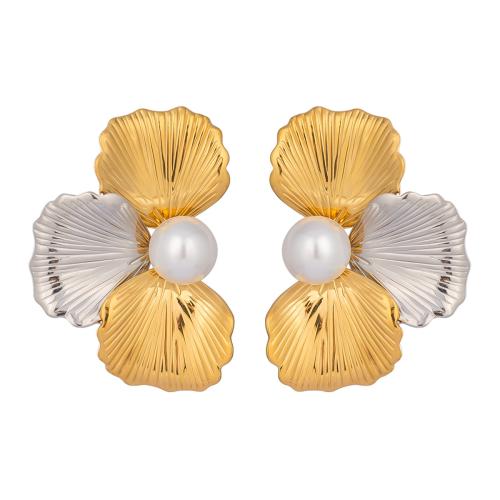 304 Stainless Steel Stud Earring, with Plastic Pearl, Flower, Vacuum Ion Plating, fashion jewelry & for woman, 33.20x50mm, Sold By Pair