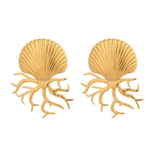 304 Stainless Steel Stud Earring, Shell, gold color plated, fashion jewelry & for woman, 24x39mm, Sold By Pair