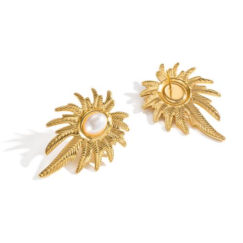 304 Stainless Steel Stud Earring, with Plastic Pearl, Leaf, gold color plated, fashion jewelry & for woman, 30x43mm, Sold By Pair