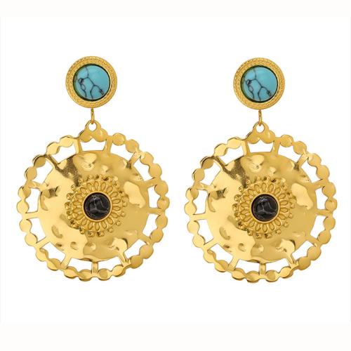 304 Stainless Steel Drop Earring, with turquoise, Geometrical Pattern, gold color plated, for woman & hollow, 36.60x53.80mm, Sold By Pair