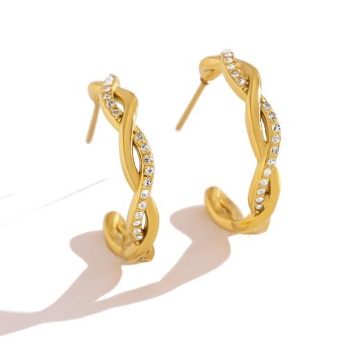 304 Stainless Steel Stud Earring, gold color plated, for woman & with rhinestone, 22mm, Sold By Pair