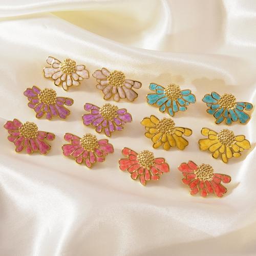 304 Stainless Steel Stud Earring, Flower, gold color plated, for woman & enamel, more colors for choice, 18.90x29.90mm, Sold By Pair