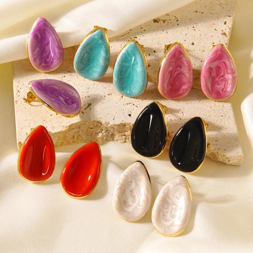 304 Stainless Steel Stud Earring, Teardrop, gold color plated, for woman & enamel, more colors for choice, 16.70x27mm, Sold By Pair