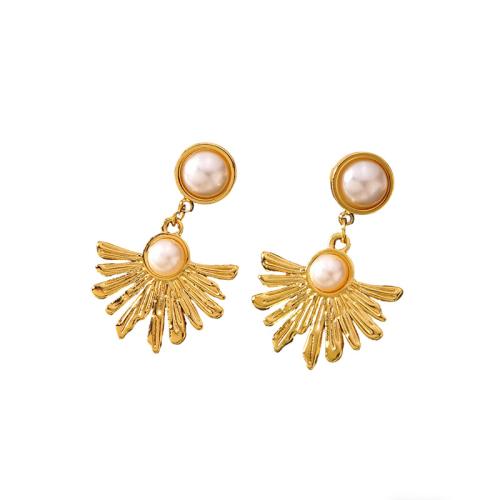 304 Stainless Steel Drop Earring, with Plastic Pearl, Flower, gold color plated, fashion jewelry & for woman, Sold By Pair