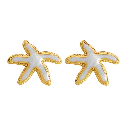 304 Stainless Steel Stud Earring, Starfish, gold color plated, for woman & enamel, more colors for choice, 25.10x21.60mm, Sold By Pair