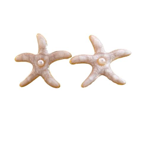 304 Stainless Steel Stud Earring, with Plastic Pearl, Starfish, gold color plated, for woman & enamel, more colors for choice, 25.60x23.70mm, Sold By Pair