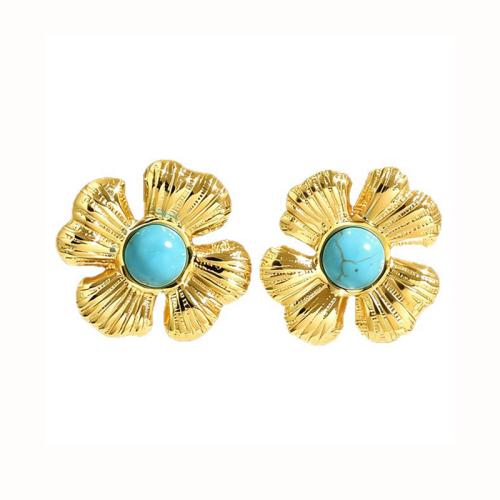 304 Stainless Steel Stud Earring, with turquoise & Gemstone, gold color plated, different styles for choice & for woman, Sold By Pair