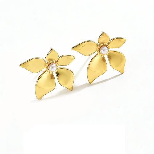 304 Stainless Steel Stud Earring, with Plastic Pearl, Flower, gold color plated, different styles for choice & for woman, Sold By Pair