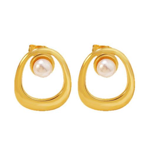 304 Stainless Steel Stud Earring, with Gemstone & Plastic Pearl, gold color plated, different styles for choice & for woman, Sold By Pair