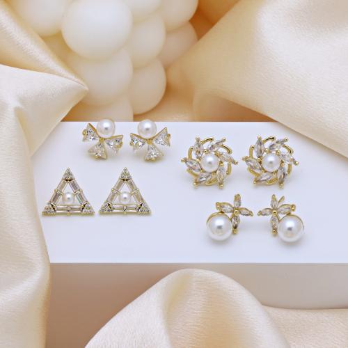 Cubic Zirconia Micro Pave Brass Earring, with Plastic Pearl, gold color plated, different styles for choice & for woman & with cubic zirconia, more colors for choice, Sold By Pair