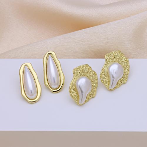 Brass Stud Earring, with Plastic Pearl, gold color plated, different styles for choice & for woman, more colors for choice, Sold By Pair