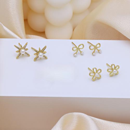 Brass Stud Earring, with Plastic Pearl, gold color plated, different styles for choice & micro pave cubic zirconia & for woman, more colors for choice, Sold By Pair