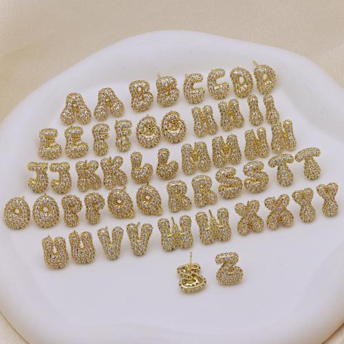 Cubic Zirconia Micro Pave Brass Earring, gold color plated, letters are from A to Z & micro pave cubic zirconia & for woman, more colors for choice, 13x13mm, Sold By Pair