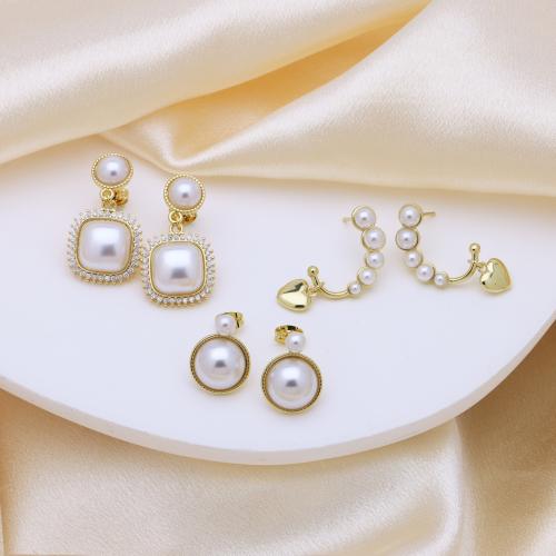 Brass Drop Earring, with Plastic Pearl, gold color plated, different styles for choice & micro pave cubic zirconia & for woman, more colors for choice, Sold By Pair