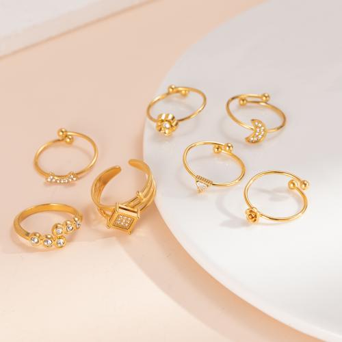 304 Stainless Steel Cuff Finger Ring, gold color plated, different styles for choice & for woman & with rhinestone, Sold By PC