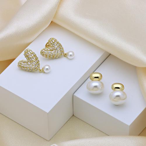 Cubic Zirconia Micro Pave Brass Earring, with Plastic Pearl, gold color plated, different styles for choice & for woman & with cubic zirconia, more colors for choice, Sold By Pair