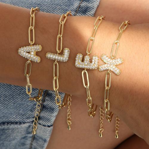 Cubic Zirconia Micro Pave Brass Bracelet, gold color plated, letters are from A to Z & rectangle chain & different styles for choice & micro pave cubic zirconia & for woman, more colors for choice, 14.80x15.50mm, Sold Per Approx 17 cm Strand