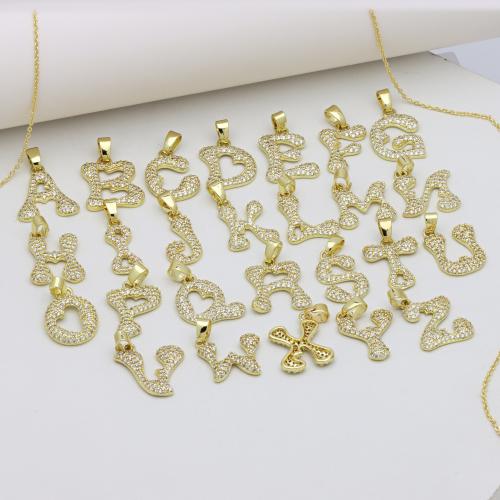 Cubic Zirconia Micro Pave Brass Pendant, Alphabet Letter, gold color plated, letters are from A to Z & DIY & different styles for choice & micro pave cubic zirconia, more colors for choice, 17x25mm, Sold By PC