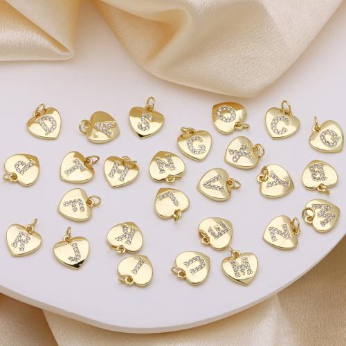 Cubic Zirconia Micro Pave Brass Pendant, Heart, gold color plated, letters are from A to Z & DIY & different styles for choice & micro pave cubic zirconia, more colors for choice, 12x15mm, Sold By PC